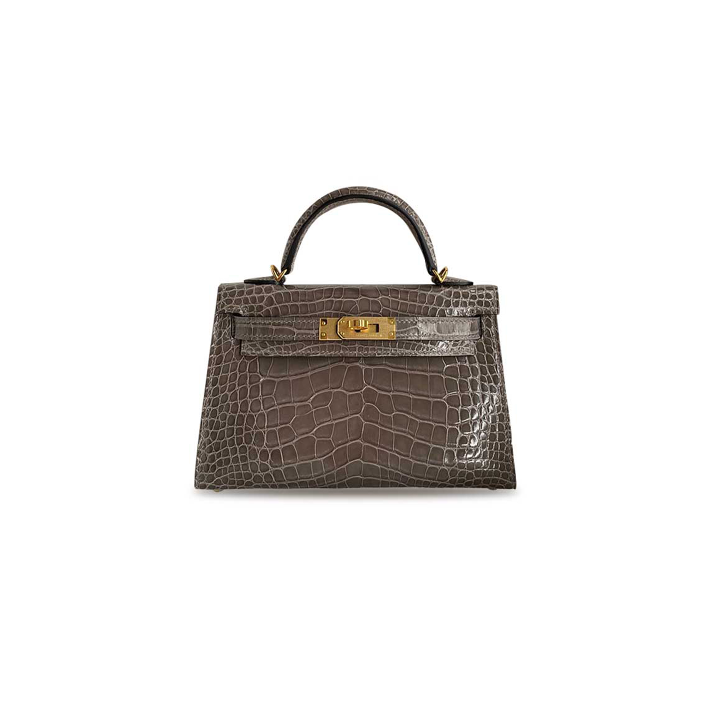 HERMÈS MASTER MINI KELLY II SHINY CROCODILE LEATHER WEIMARANER BEIGE GOLD BUCKLE (19*12*5.5cm)